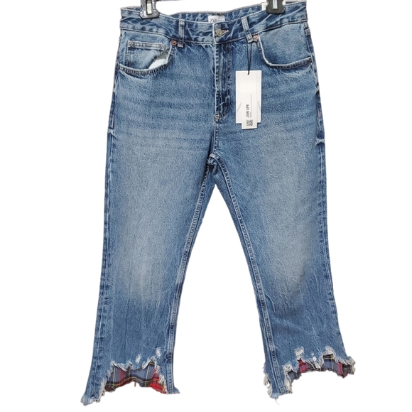Zara Low Rise Crop Flare Plaid Raw Hem Rigid Jeans Size 8 - Picture 4 of 11